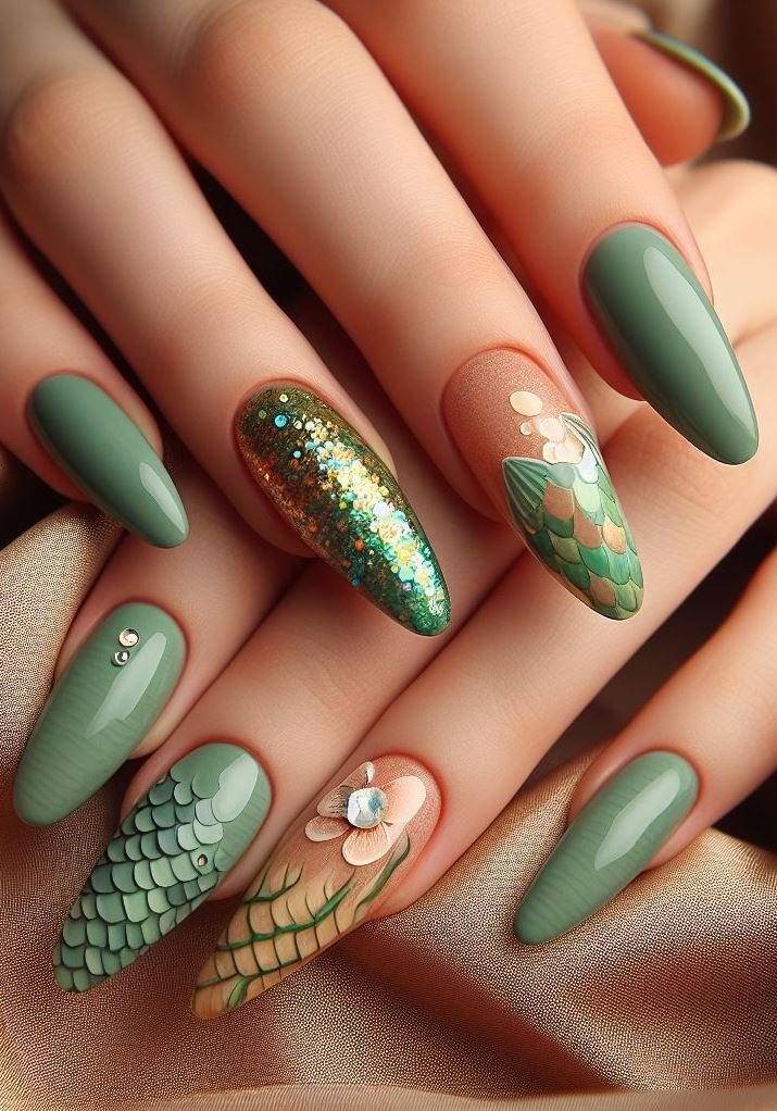 15+ Mesmerizing Mermaid Nail Art Ideas: Dive into Ocean Vibes | Pocoko Feel like a mermaid with these gorgeous green and copper nails. The perfect blend of oceanic hues and metallic shine!