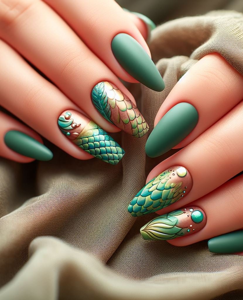15+ Mesmerizing Mermaid Nail Art Ideas: Dive into Ocean Vibes | Pocoko Get ready to dazzle with this green and copper mermaid nail art. It’s the perfect way to add a touch of fantasy to your manicure.