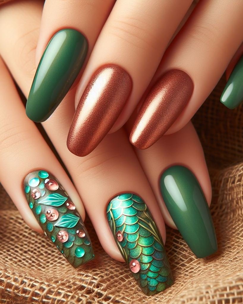 15+ Mesmerizing Mermaid Nail Art Ideas: Dive into Ocean Vibes | Pocoko Unleash your inner mermaid with these stunning green and copper nails. Perfect for anyone who loves a bit of sparkle and shine!