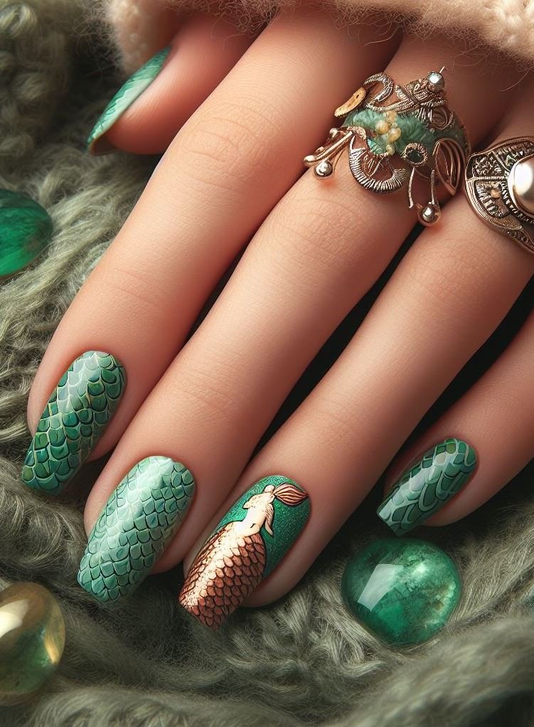 15+ Mesmerizing Mermaid Nail Art Ideas: Dive into Ocean Vibes | Pocoko Make a splash with this stunning green and copper mermaid nail art. It’s like having a piece of the ocean right at your fingertips!
