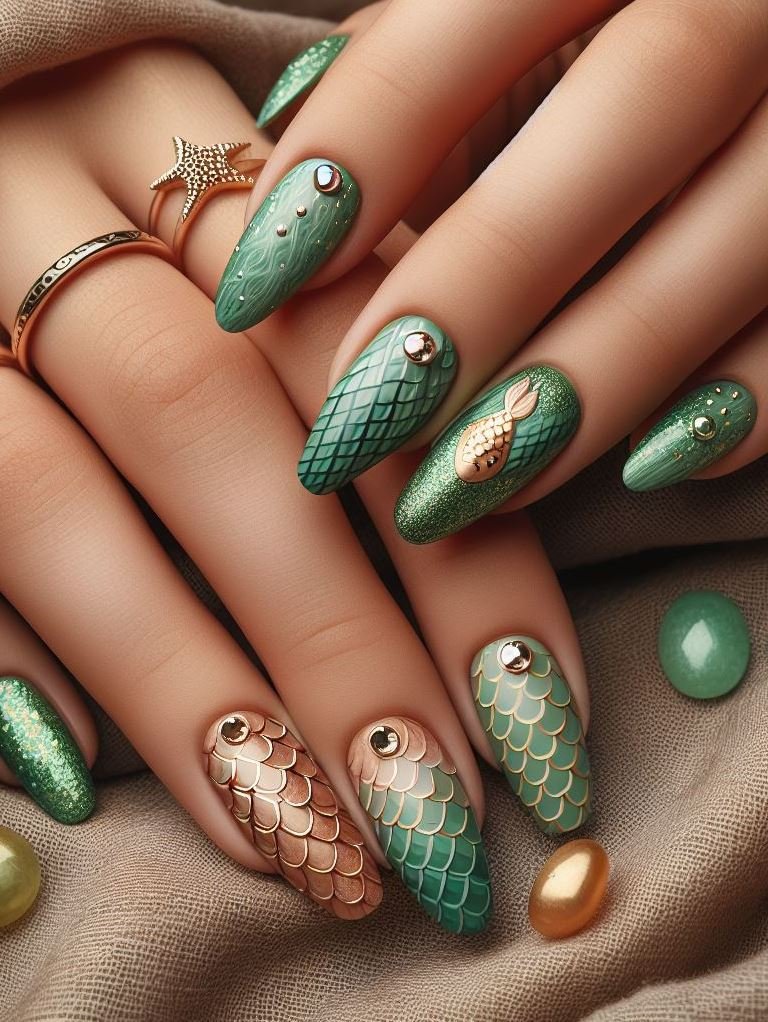 15+ Mesmerizing Mermaid Nail Art Ideas: Dive into Ocean Vibes | Pocoko Turn heads with these enchanting green and copper mermaid nails. Perfect for adding a bit of underwater magic to your everyday look.