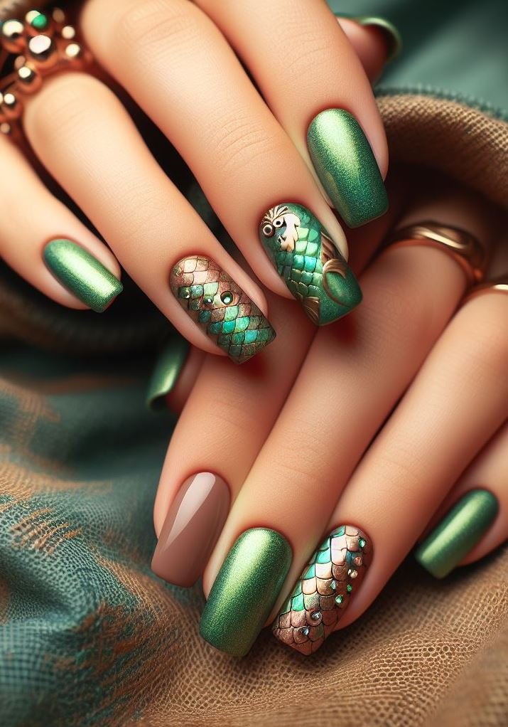 15+ Mesmerizing Mermaid Nail Art Ideas: Dive into Ocean Vibes | Pocoko Get ready to dazzle with this green and copper mermaid nail art. It’s the perfect way to add a touch of fantasy to your manicure.