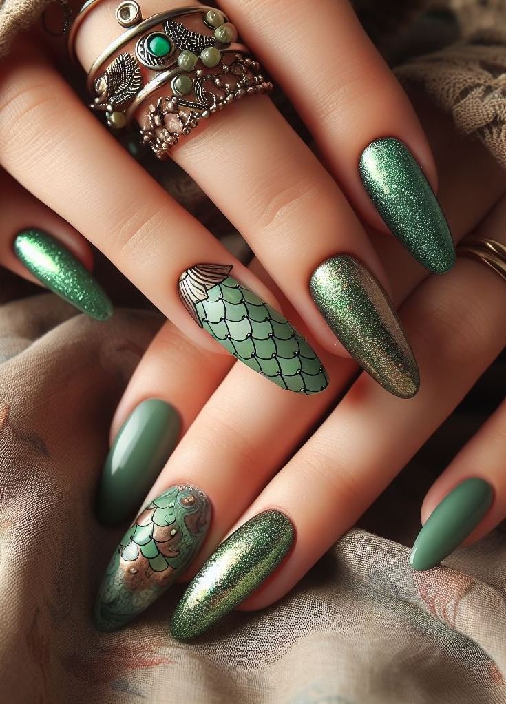 15+ Mesmerizing Mermaid Nail Art Ideas: Dive into Ocean Vibes | Pocoko Feel the magic of the sea with these green and copper mermaid nails. Perfect for anyone who wants to add a bit of enchantment to their manicure.