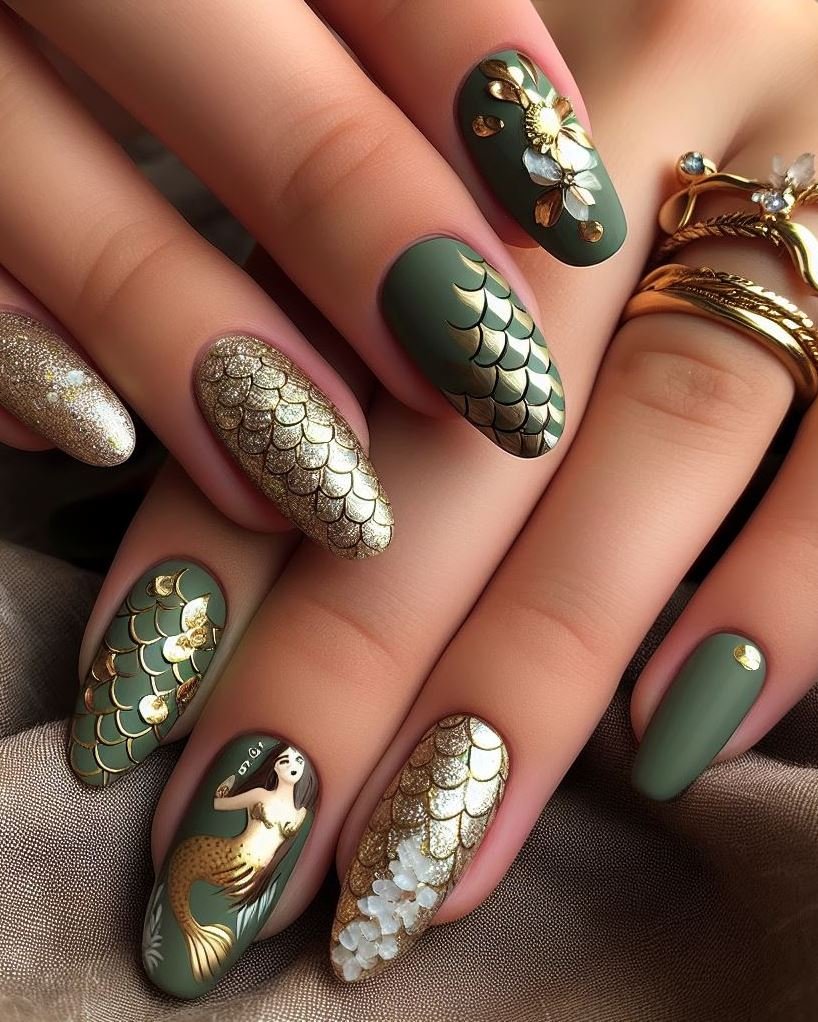 15+ Mesmerizing Mermaid Nail Art Ideas: Dive into Ocean Vibes | Pocoko Bring the magic of the sea to your fingertips with Green and Gold Mermaid Nail Art. It’s a shimmering combo that’s as enchanting as a treasure chest underwater!