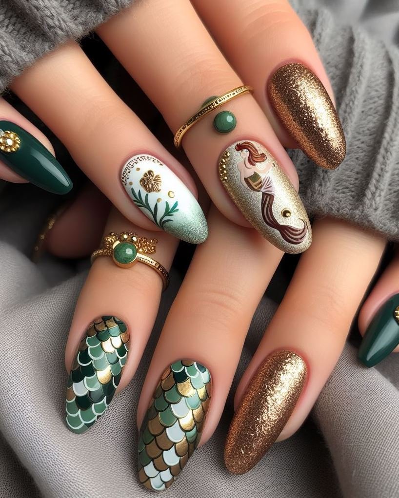15+ Mesmerizing Mermaid Nail Art Ideas: Dive into Ocean Vibes | Pocoko Make waves with a dazzling Green and Gold manicure. It’s a luxurious mermaid-inspired look that’s perfect for adding a splash of elegance to any outfit!