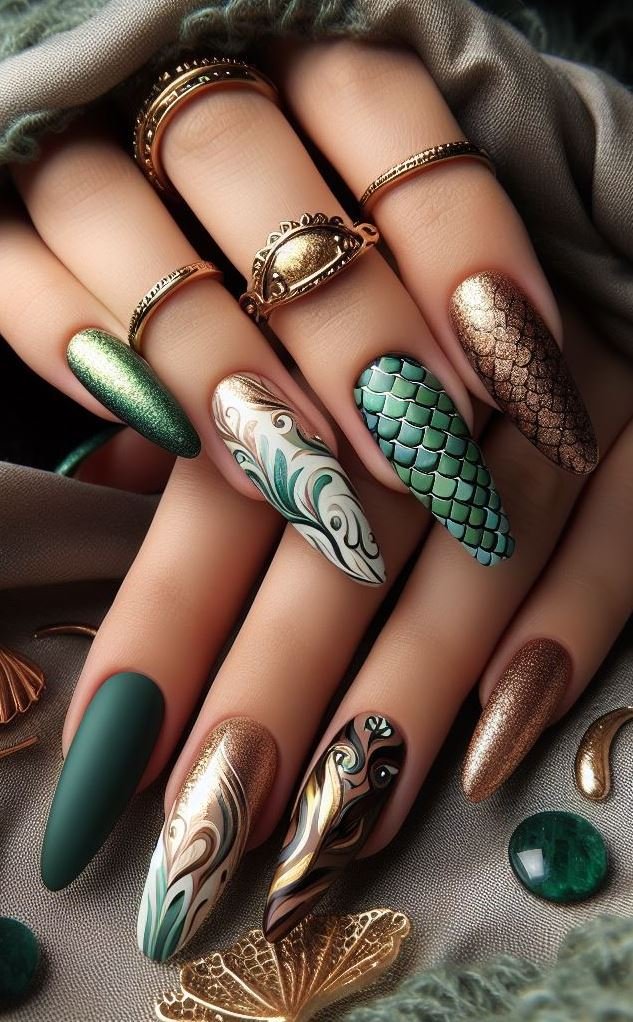 15+ Mesmerizing Mermaid Nail Art Ideas: Dive into Ocean Vibes | Pocoko Elevate your nail game with the enchanting duo of Green and Gold. This mermaid-inspired look is as vibrant and captivating as a sunken treasure!