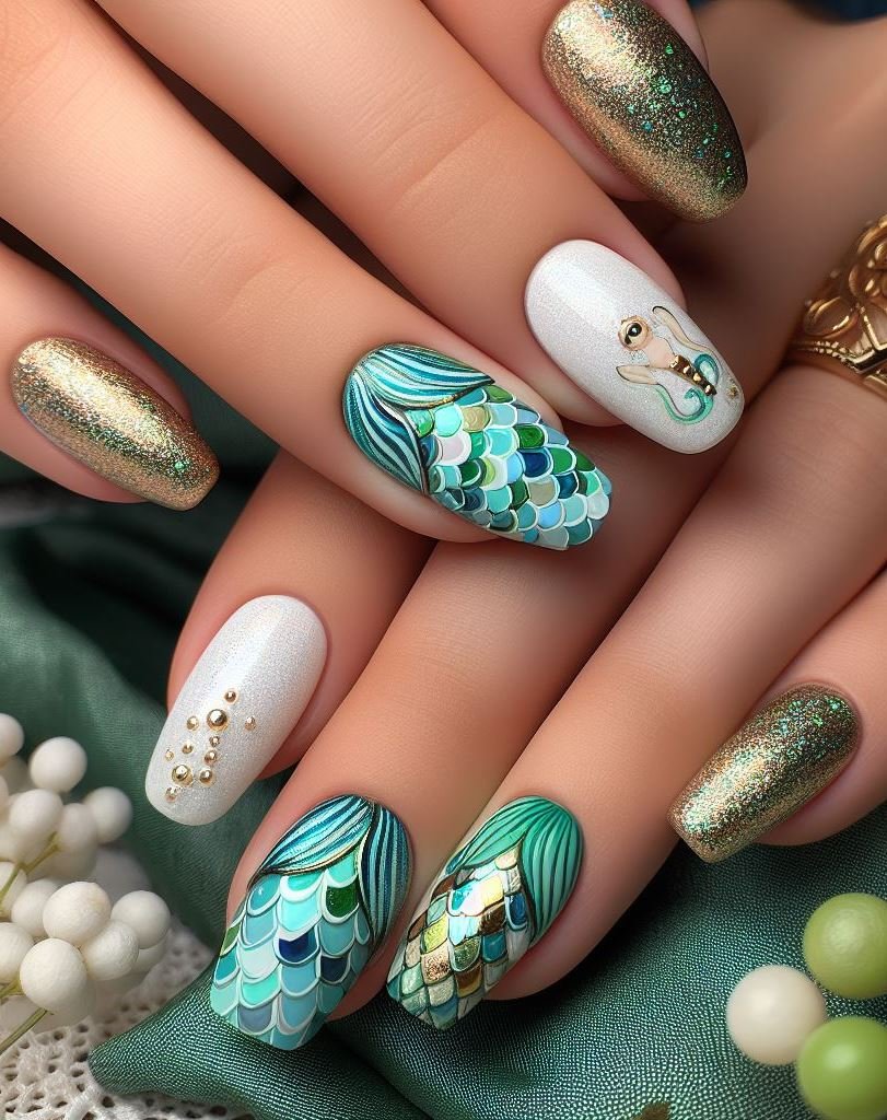 15+ Mesmerizing Mermaid Nail Art Ideas: Dive into Ocean Vibes | Pocoko Dive into an ocean of elegance with Green and Gold Mermaid Nail Art. This dazzling combo turns your nails into a treasure trove of shimmering sea magic!