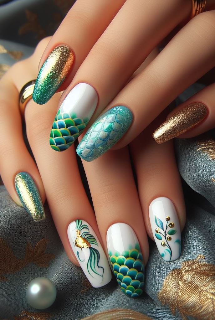 15+ Mesmerizing Mermaid Nail Art Ideas: Dive into Ocean Vibes | Pocoko Set sail with the enchanting hues of Green and Gold. These mermaid nails capture the beauty of lush sea gardens and golden sea treasures.