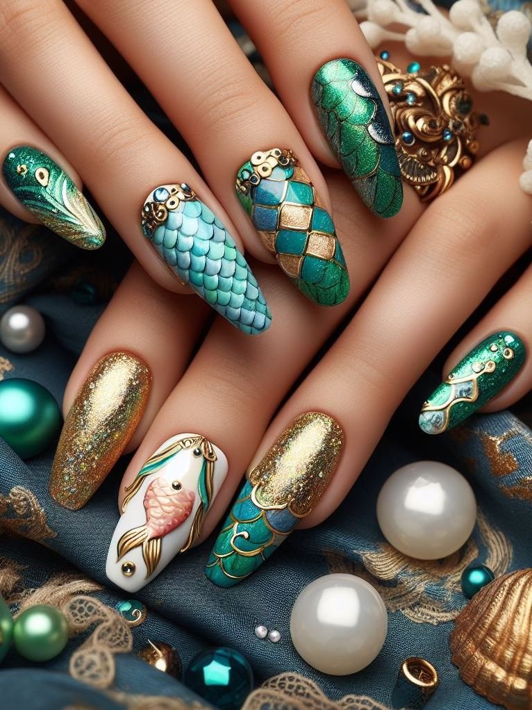 15+ Mesmerizing Mermaid Nail Art Ideas: Dive into Ocean Vibes | Pocoko Bring the allure of the deep sea to your fingertips with Green and Gold. This mermaid-inspired nail art creates a look that’s both sophisticated and mystical.