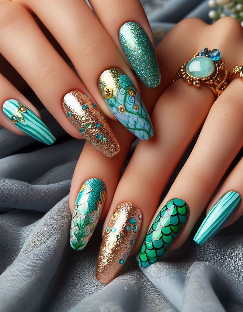 15+ Mesmerizing Mermaid Nail Art Ideas: Dive into Ocean Vibes | Pocoko Transform your manicure into a sea-inspired masterpiece with Green and Gold. This color combo is perfect for anyone who wants to add a touch of underwater splendor!