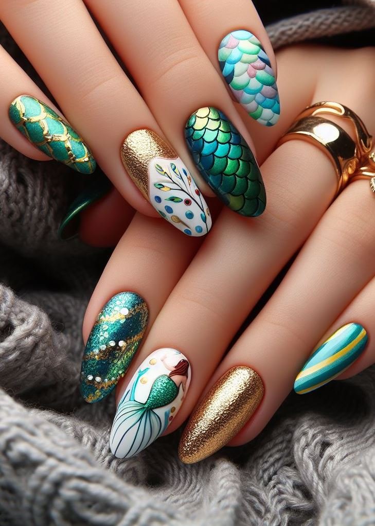 15+ Mesmerizing Mermaid Nail Art Ideas: Dive into Ocean Vibes | Pocoko Add a touch of luxury to your nails with Green and Gold Mermaid Nail Art. It’s the perfect blend of oceanic depth and golden sparkle!