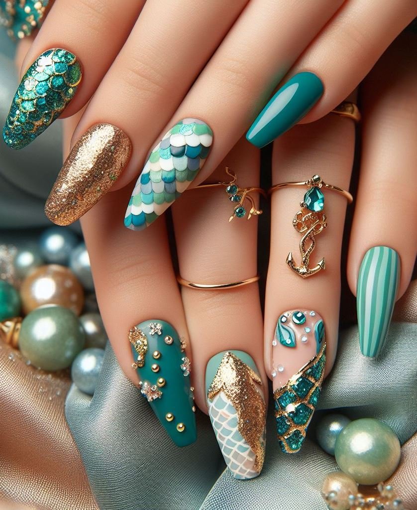 15+ Mesmerizing Mermaid Nail Art Ideas: Dive into Ocean Vibes | Pocoko Celebrate the magic of the ocean with Green and Gold Mermaid Nail Art. These colors bring the mystique of underwater realms to your fingertips.