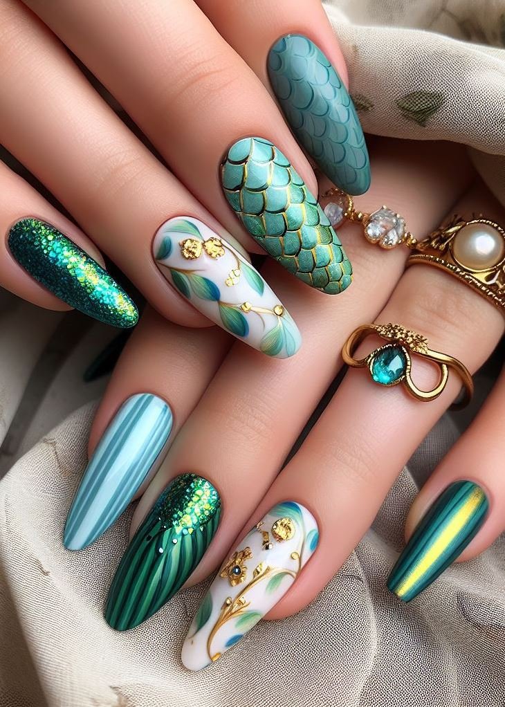 15+ Mesmerizing Mermaid Nail Art Ideas: Dive into Ocean Vibes | Pocoko Turn your nails into a stunning sea-inspired creation with Green and Gold. It’s the perfect way to add a shimmering, opulent touch to your style!