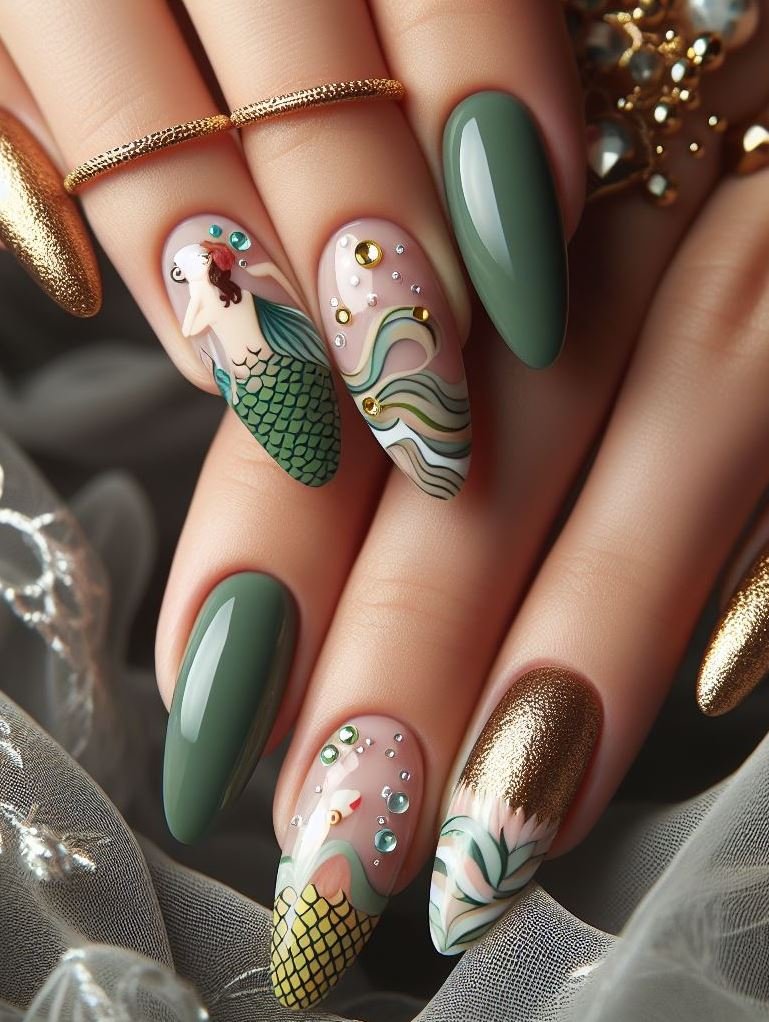 15+ Mesmerizing Mermaid Nail Art Ideas: Dive into Ocean Vibes | Pocoko Channel the enchantment of the ocean with Green and Gold. These mermaid nails capture the essence of underwater elegance and golden allure.