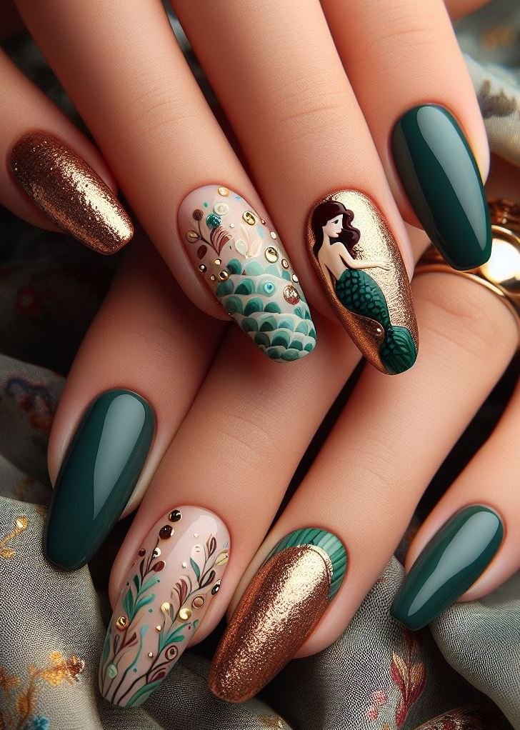 15+ Mesmerizing Mermaid Nail Art Ideas: Dive into Ocean Vibes | Pocoko Transform your nails into an oceanic masterpiece with Green and Gold. Perfect for adding a touch of elegance and sparkle to your mermaid-inspired look!