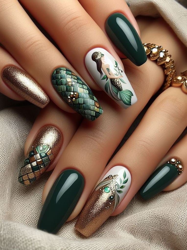 15+ Mesmerizing Mermaid Nail Art Ideas: Dive into Ocean Vibes | Pocoko Dive into the lush hues of Green and Gold Mermaid Nail Art. These colors create a look that’s both regal and magical, just like a mermaid’s treasure!