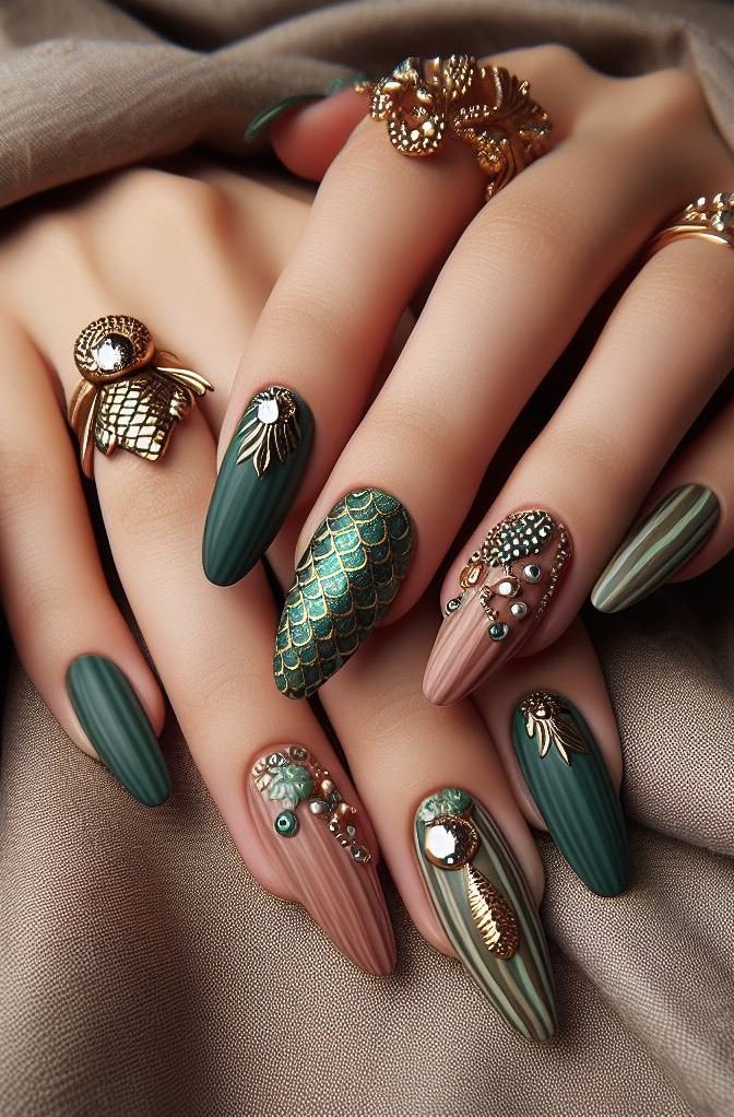 15+ Mesmerizing Mermaid Nail Art Ideas: Dive into Ocean Vibes | Pocoko Channel the splendor of underwater riches with Green and Gold Mermaid Nail Art. It’s the perfect way to add a splash of glamour to your fingertips!