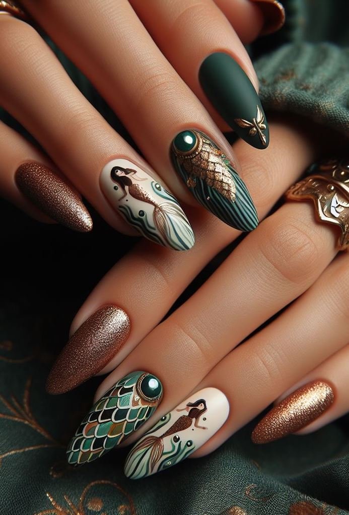 15+ Mesmerizing Mermaid Nail Art Ideas: Dive into Ocean Vibes | Pocoko Turn your nails into a shimmering sea treasure with Green and Gold. This mermaid-inspired duo brings a touch of elegance and magic to your look!