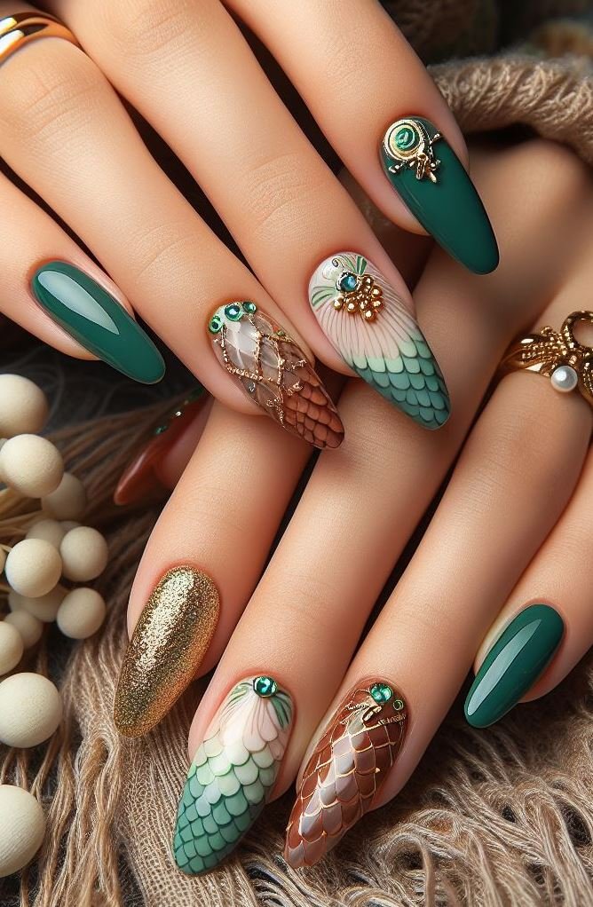 15+ Mesmerizing Mermaid Nail Art Ideas: Dive into Ocean Vibes | Pocoko Embrace the allure of the deep sea with Green and Gold nails. This captivating combination will have your fingertips glowing like mermaid scales!