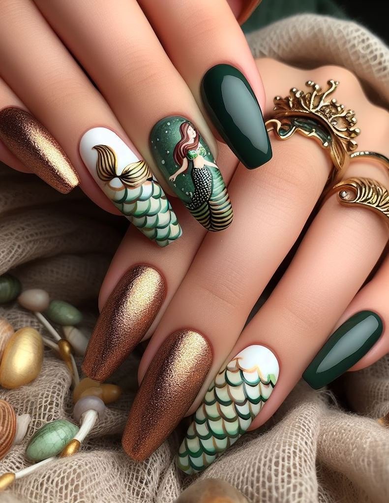 15+ Mesmerizing Mermaid Nail Art Ideas: Dive into Ocean Vibes | Pocoko Get ready to shine with the magical blend of Green and Gold. These mermaid nails capture the beauty of ocean treasures and underwater enchantments!