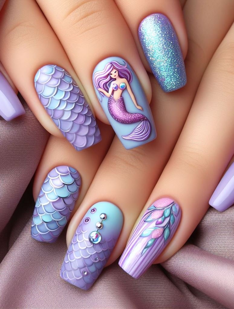 15+ Mesmerizing Mermaid Nail Art Ideas: Dive into Ocean Vibes | Pocoko Dive into the deep with these lavender mermaid nails! Perfect for adding a splash of magic to your everyday look.