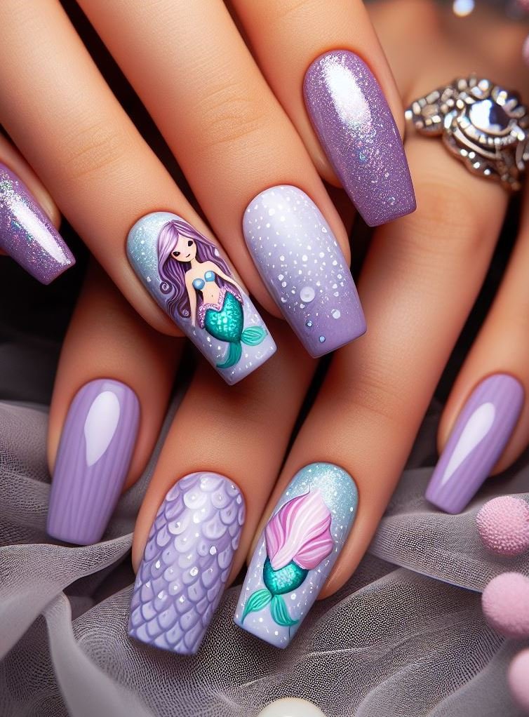 15+ Mesmerizing Mermaid Nail Art Ideas: Dive into Ocean Vibes | Pocoko Lavender mermaid nails: because who doesn’t want their fingertips to look like they’ve been kissed by the sea?