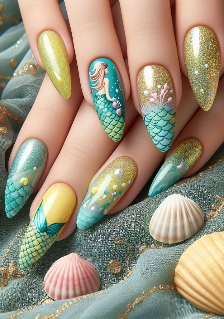 15+ Mesmerizing Mermaid Nail Art Ideas: Dive into Ocean Vibes | Pocoko Dive into a world of sunshine with these lemon yellow mermaid nails. Shimmery scales and golden accents create a look that's as refreshing as a lemonade.