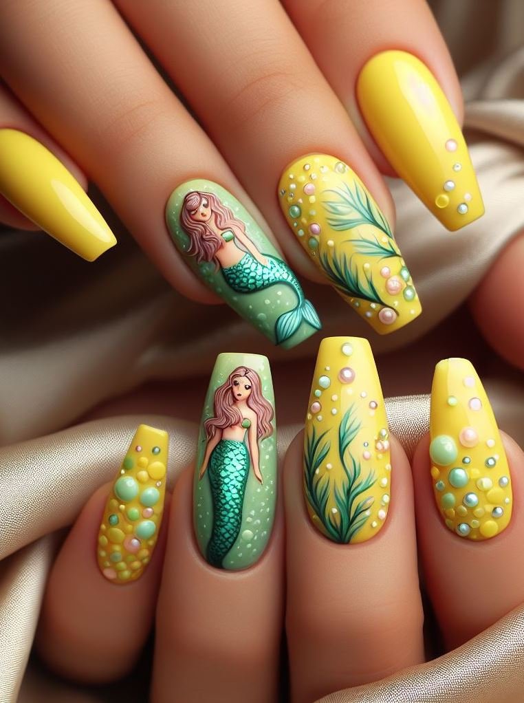 15+ Mesmerizing Mermaid Nail Art Ideas: Dive into Ocean Vibes | Pocoko Lemon yellow mermaid nails: the perfect blend of sweet and sassy. This playful design is perfect for adding a pop of color to your look.