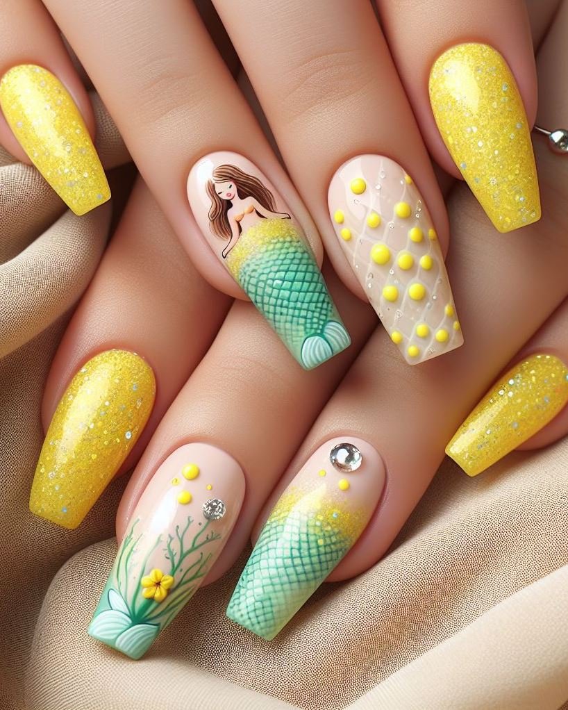 15+ Mesmerizing Mermaid Nail Art Ideas: Dive into Ocean Vibes | Pocoko Imagine a tropical escape with these lemon yellow mermaid nails. They're like a little slice of sunshine on your fingertips.