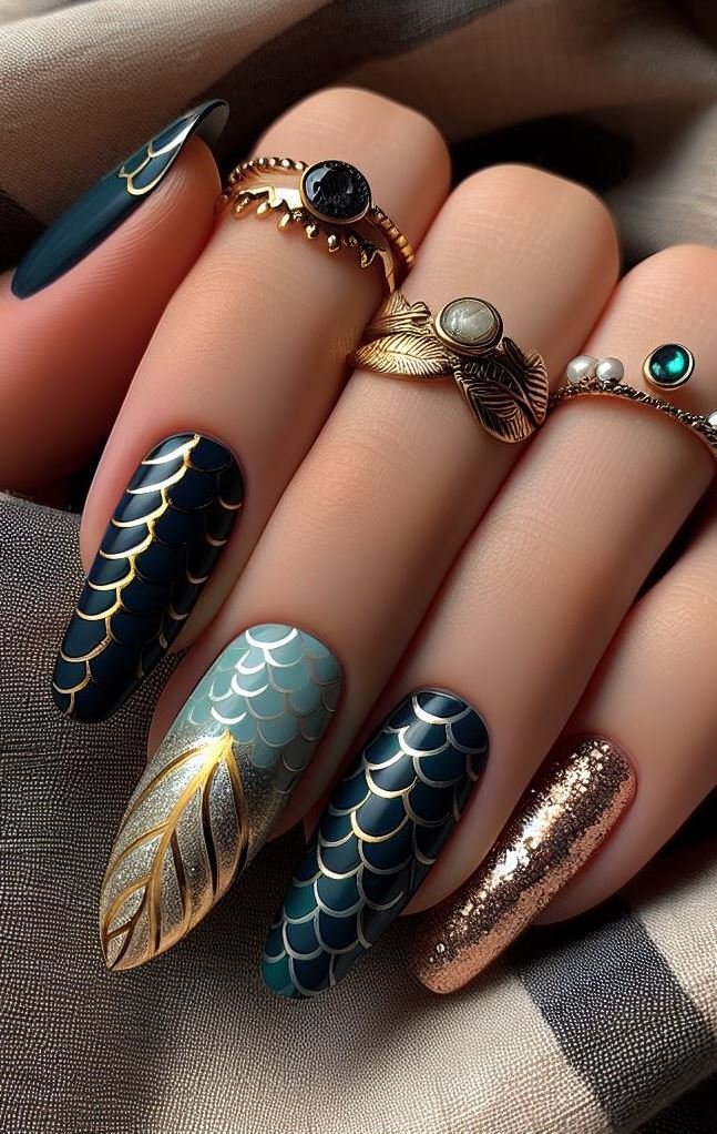15+ Mesmerizing Mermaid Nail Art Ideas: Dive into Ocean Vibes | Pocoko Turn your nails into a masterpiece with these vibrant mermaid designs! White, turquoise, red, black, and gold come together for a look that’s truly magical.
