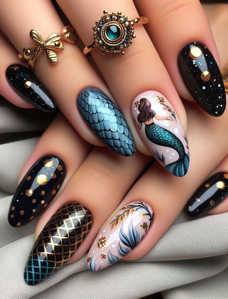15+ Mesmerizing Mermaid Nail Art Ideas: Dive into Ocean Vibes | Pocoko Dive into a world of color with these stunning mermaid nails! The blend of white, turquoise, red, black, and gold is simply mesmerizing.