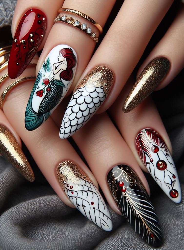 15+ Mesmerizing Mermaid Nail Art Ideas: Dive into Ocean Vibes | Pocoko Why choose one color when you can have them all? These mermaid nails mix white, turquoise, red, black, and gold for a look that’s both vibrant and magical.