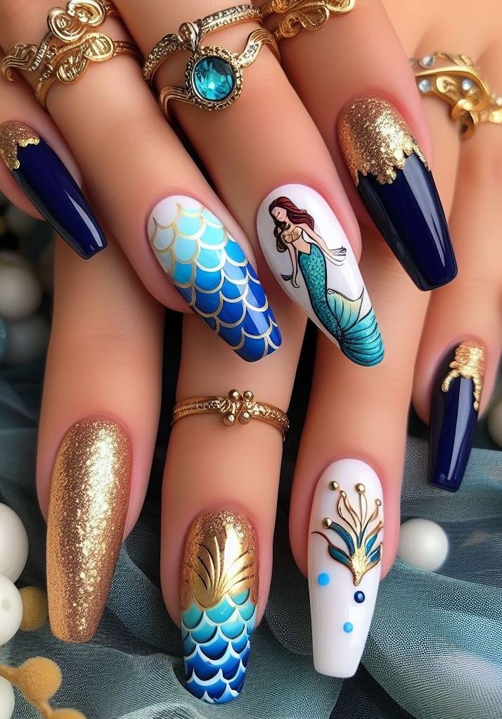 15+ Mesmerizing Mermaid Nail Art Ideas: Dive into Ocean Vibes | Pocoko Why choose one color when you can have them all? These mermaid nails mix white, turquoise, red, black, and gold for a truly enchanting look.