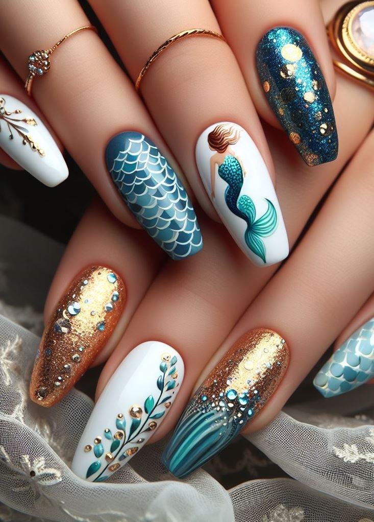 15+ Mesmerizing Mermaid Nail Art Ideas: Dive into Ocean Vibes | Pocoko Make a splash with these bold mermaid nails! The mix of white, turquoise, red, black, and gold will have you feeling like an ocean queen.