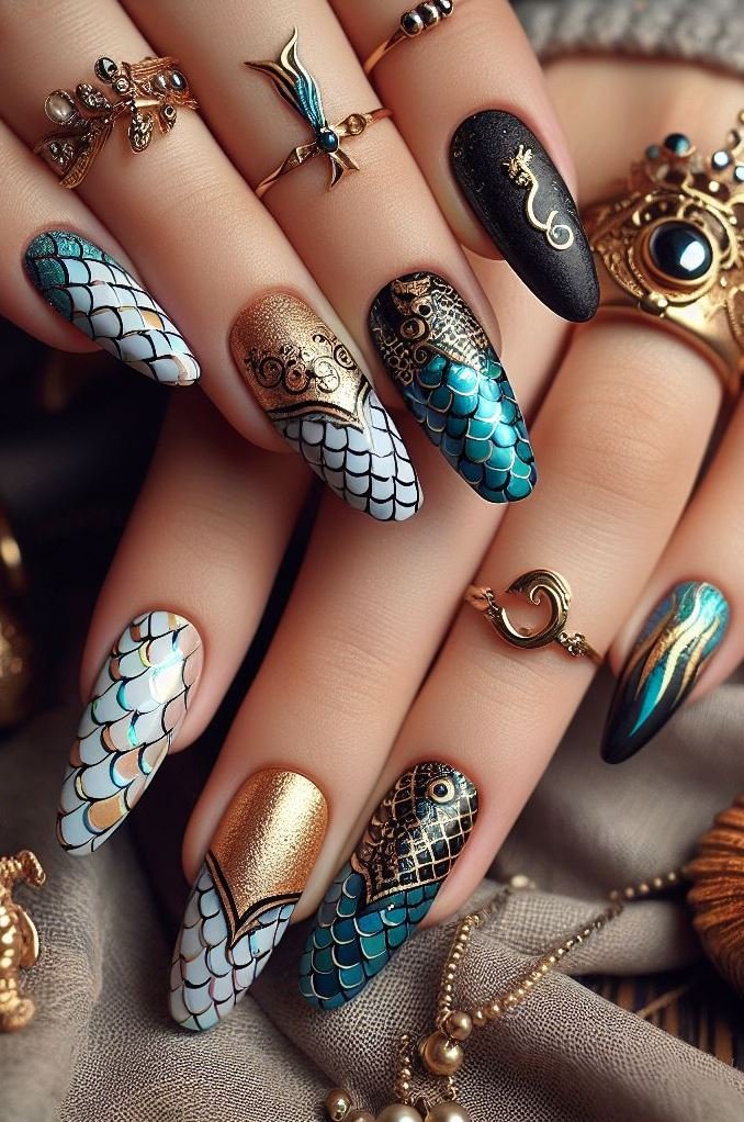 15+ Mesmerizing Mermaid Nail Art Ideas: Dive into Ocean Vibes | Pocoko Channel your inner mermaid with these stunning nails! A mix of white, turquoise, red, black, and gold creates a look that’s both vibrant and magical.
