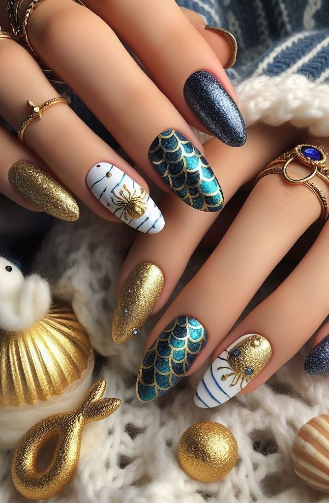 15+ Mesmerizing Mermaid Nail Art Ideas: Dive into Ocean Vibes | Pocoko Who says mermaids can’t be bold? These nails mix white, turquoise, red, black, and gold for a look that’s both daring and delightful.