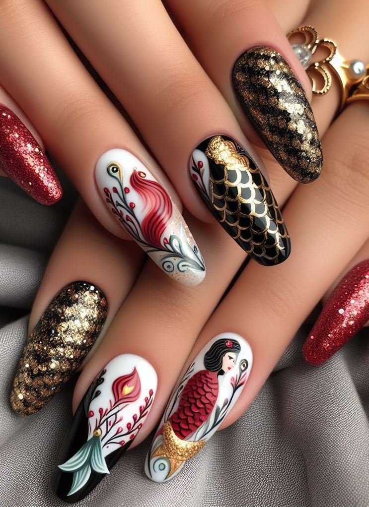15+ Mesmerizing Mermaid Nail Art Ideas: Dive into Ocean Vibes | Pocoko Make your nails the star of the show with these colorful mermaid designs! The mix of white, turquoise, red, black, and gold is sure to impress.