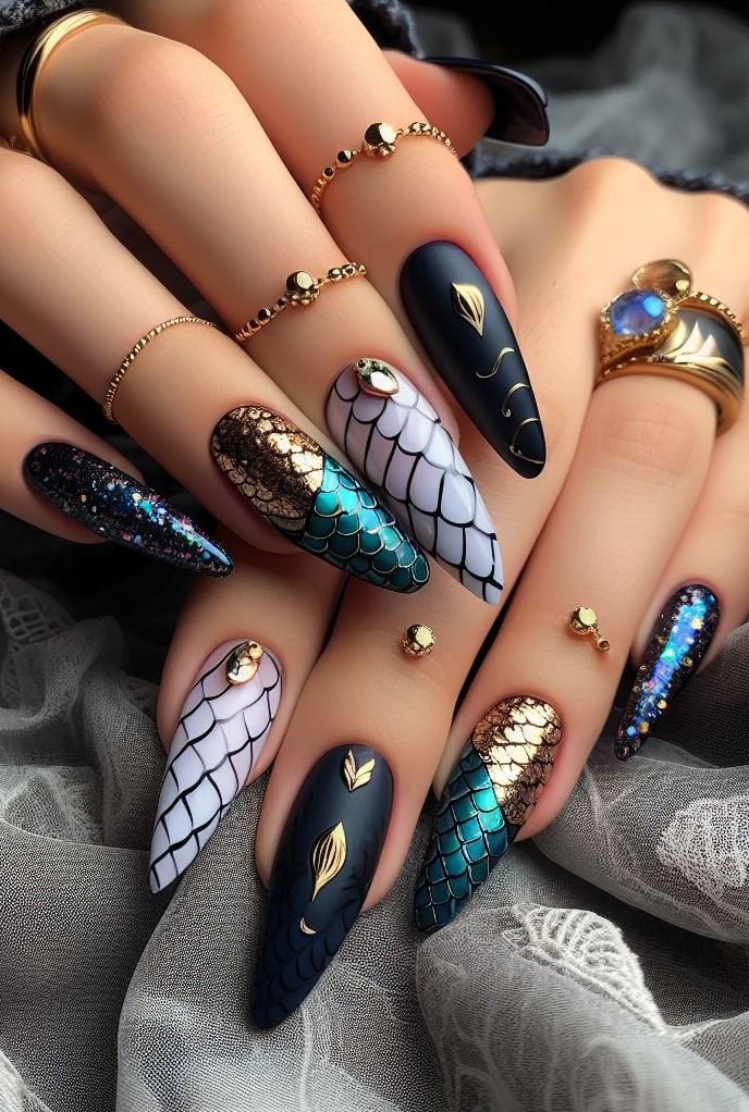 15+ Mesmerizing Mermaid Nail Art Ideas: Dive into Ocean Vibes | Pocoko Dive deep into style with these vibrant mermaid nails! A mix of white, turquoise, red, black, and gold creates a look that’s truly unique.