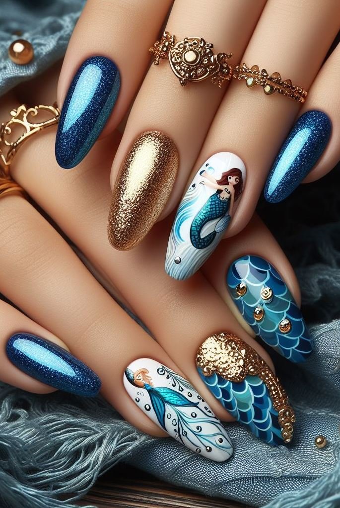 15+ Mesmerizing Mermaid Nail Art Ideas: Dive into Ocean Vibes | Pocoko Dive into the ocean with these stunning ocean blue mermaid nails! Shimmery scales and deep blue hues create a mesmerizing underwater world on your fingertips.