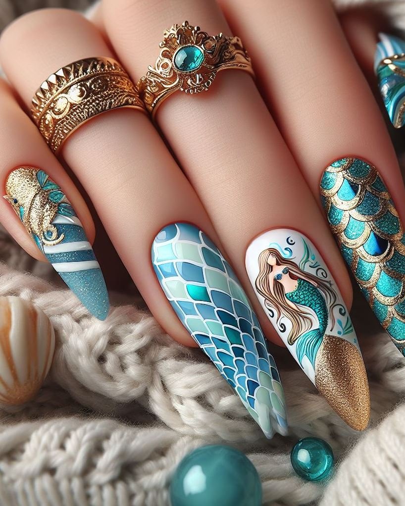15+ Mesmerizing Mermaid Nail Art Ideas: Dive into Ocean Vibes | Pocoko Ocean blue mermaid nails: perfect for when you need a little escape. Let your imagination run wild with this aquatic design.