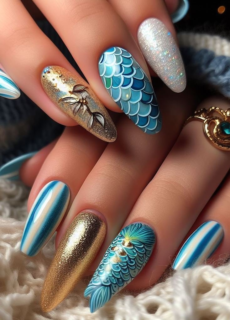 15+ Mesmerizing Mermaid Nail Art Ideas: Dive into Ocean Vibes | Pocoko Ocean blue mermaid nails: the ultimate summer accessory. They're fun, flirty, and totally on trend.