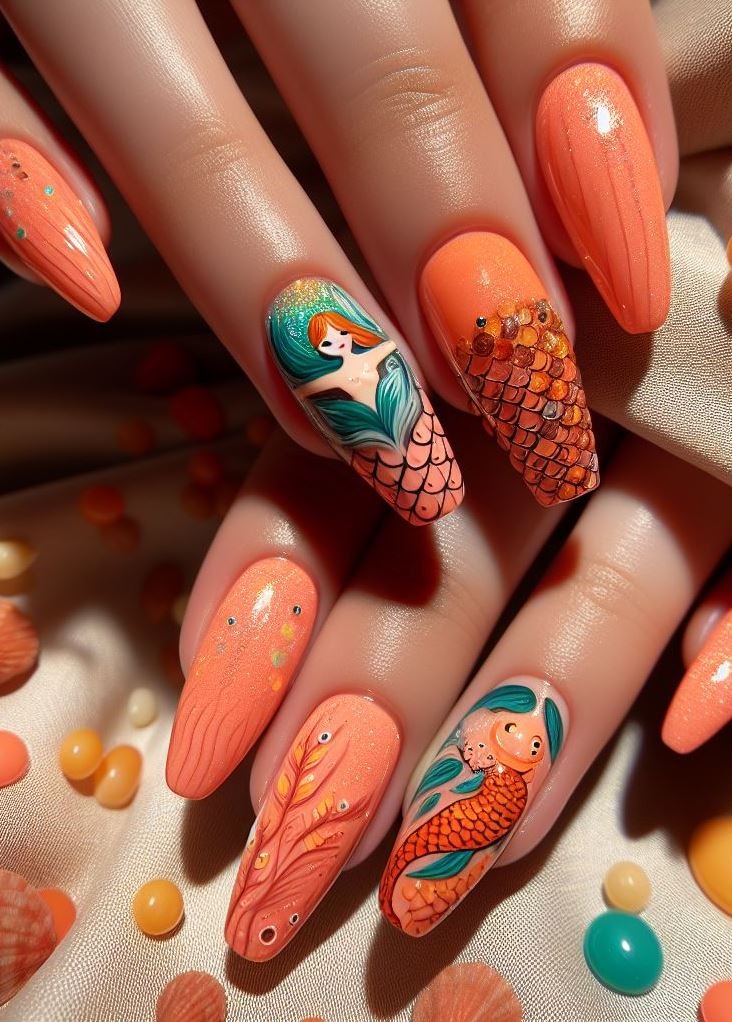 15+ Mesmerizing Mermaid Nail Art Ideas: Dive into Ocean Vibes | Pocoko Dive into a world of color with these enchanting orange mermaid nails that are sure to impress.