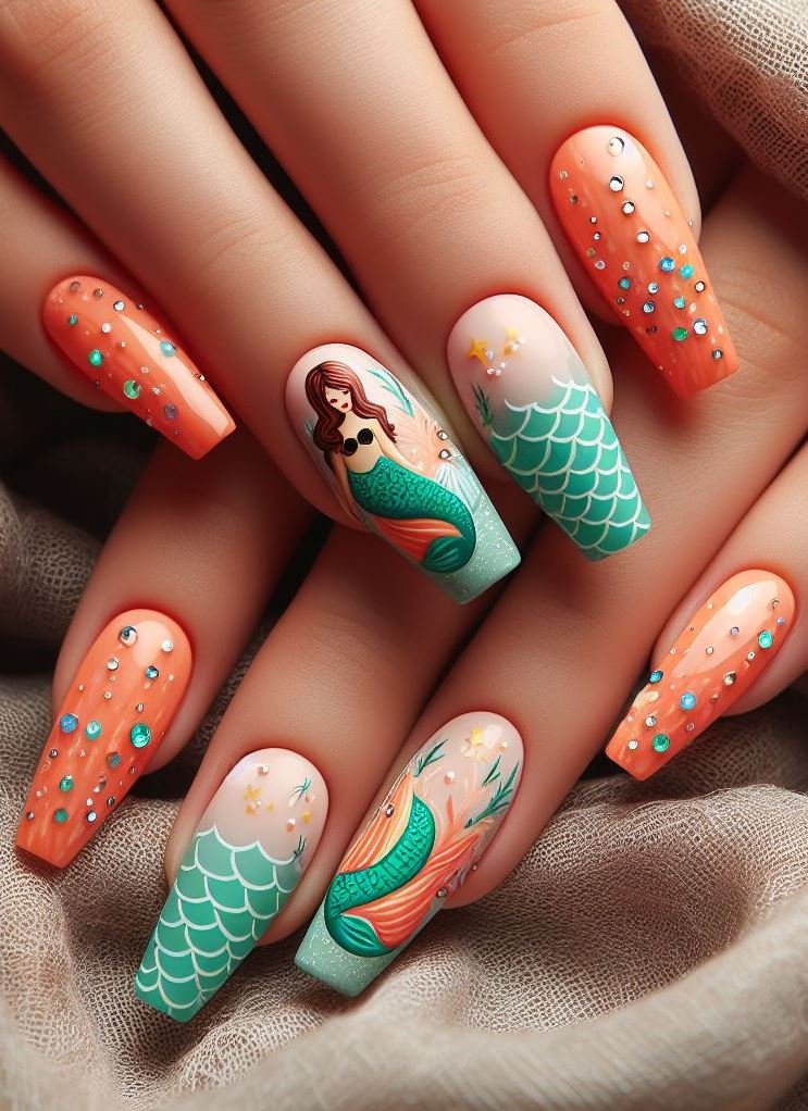 15+ Mesmerizing Mermaid Nail Art Ideas: Dive into Ocean Vibes | Pocoko Dive into the deep with these stunning orange mermaid nails that shimmer like a sunset on the ocean.