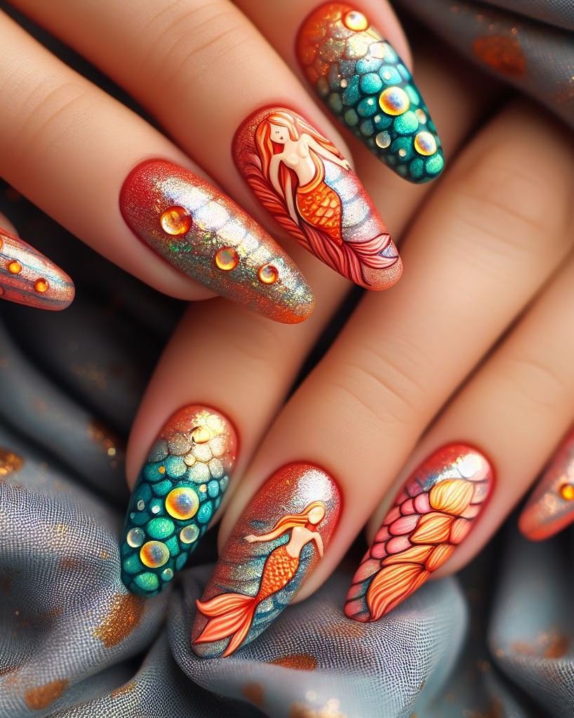 15+ Mesmerizing Mermaid Nail Art Ideas: Dive into Ocean Vibes | Pocoko Channel your inner sea goddess with these bold orange mermaid nails that are sure to turn heads.