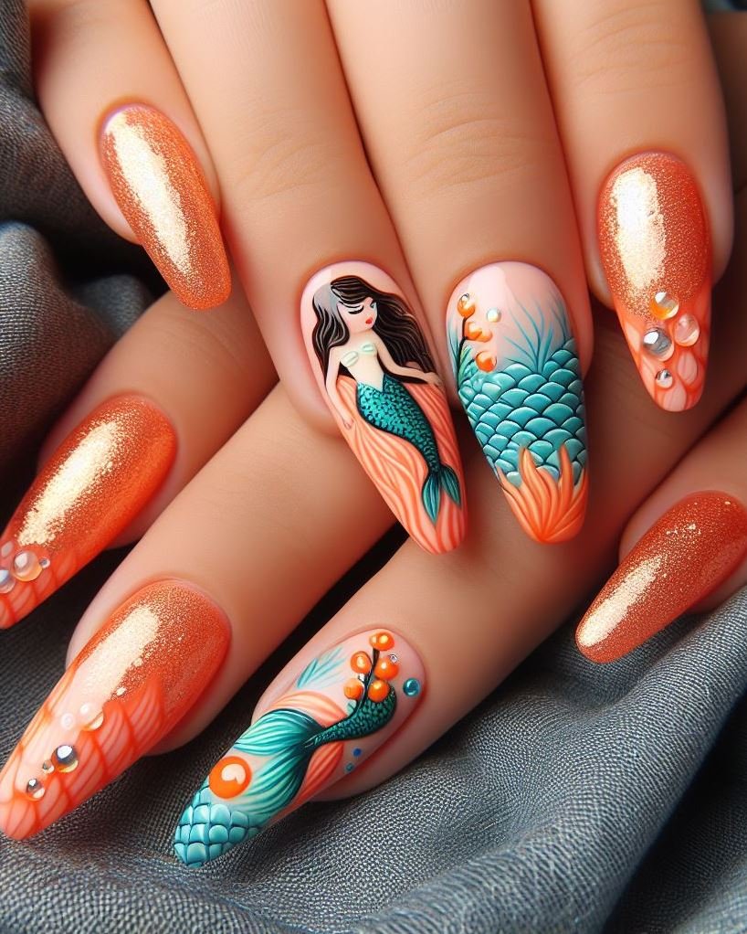 15+ Mesmerizing Mermaid Nail Art Ideas: Dive into Ocean Vibes | Pocoko Transform your nails into a tropical paradise with these enchanting orange mermaid designs.