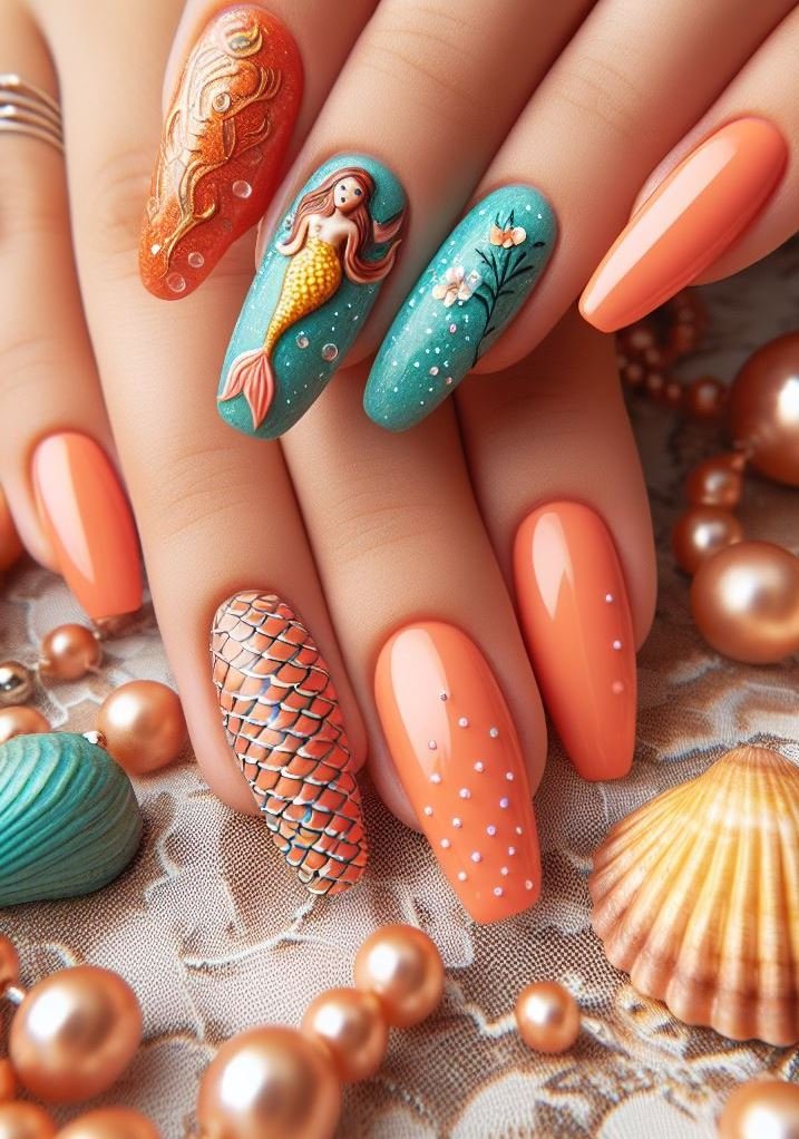 15+ Mesmerizing Mermaid Nail Art Ideas: Dive into Ocean Vibes | Pocoko Add a touch of magic to your nails with these stunning orange mermaid designs that are simply mesmerizing.