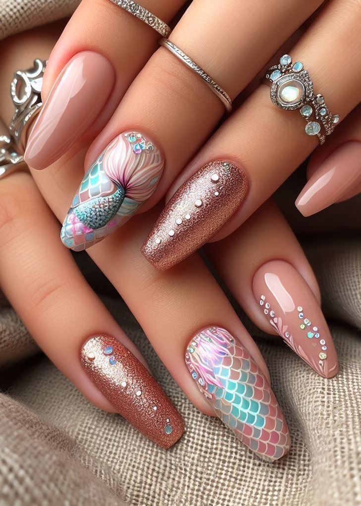 15+ Mesmerizing Mermaid Nail Art Ideas: Dive into Ocean Vibes | Pocoko Peachy Perfection! 🍑✨ These mermaid nails are a dream come true. Soft and sweet, they're the perfect way to add a touch of summer to your look.