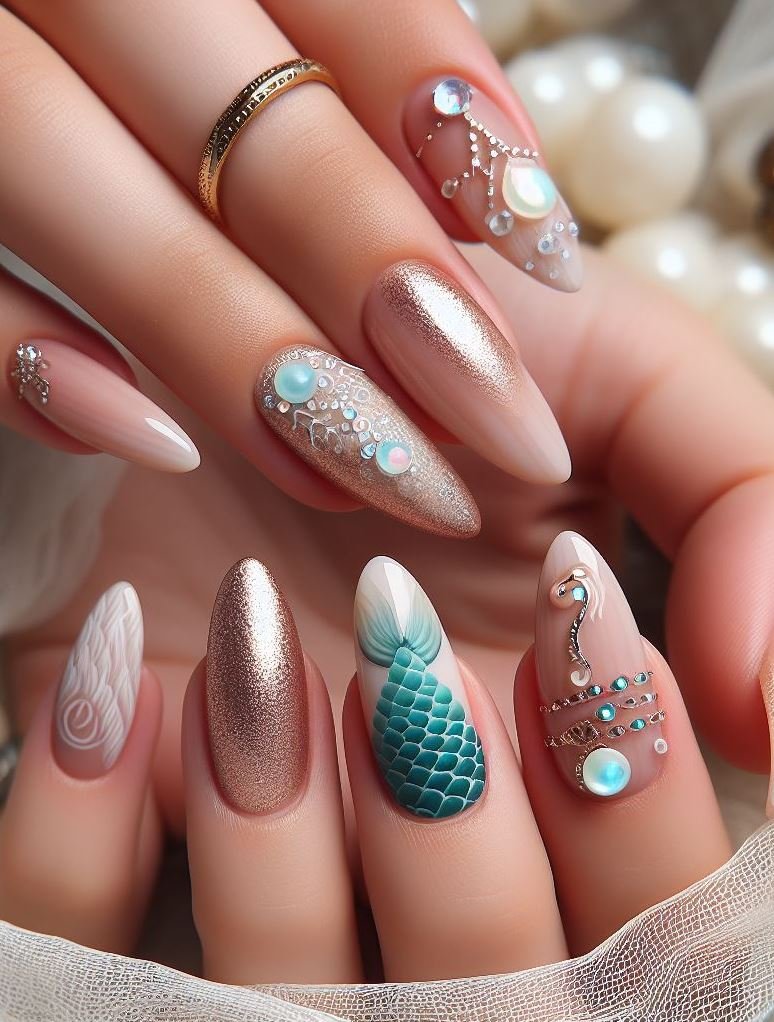 15+ Mesmerizing Mermaid Nail Art Ideas: Dive into Ocean Vibes | Pocoko Coral Reef Chic! 🌊💖 Dive into a world of underwater beauty with these peach and coral mermaid nails. They're like a mini vacation for your fingertips.