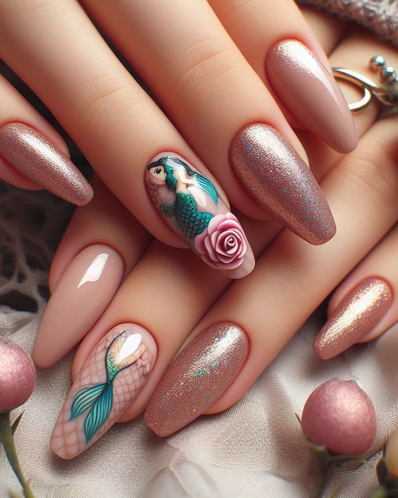 15+ Mesmerizing Mermaid Nail Art Ideas: Dive into Ocean Vibes | Pocoko Golden Hour Glam! 🌅✨ Add a touch of luxury to your mermaid look with these peach and gold nails. Perfect for a night out or a special occasion.
