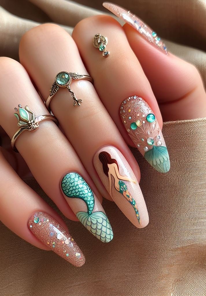 15+ Mesmerizing Mermaid Nail Art Ideas: Dive into Ocean Vibes | Pocoko Shimmer and Shine! ✨🍑 These peach mermaid nails with a touch of shimmer are pure magic. They'll make you feel like a real-life mermaid.